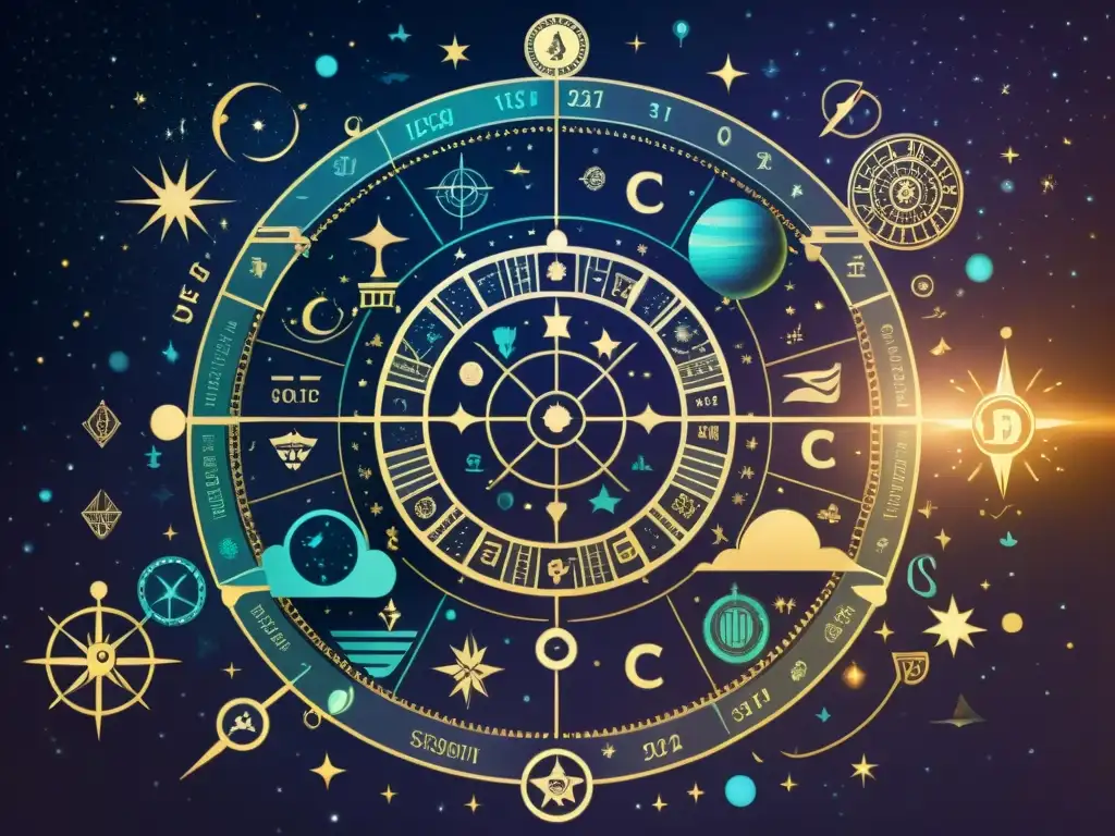 Descubre el misterioso mundo de la astrología financiera y sociedades secretas en esta detallada ilustración celestial