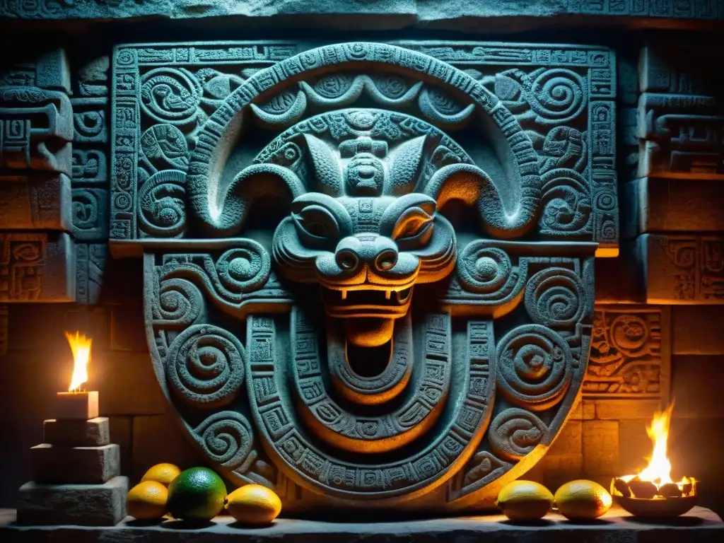 En el misterioso origen de la hermandad serpiente, adoradores ofrendan frutas e incienso en un templo iluminado por antorchas