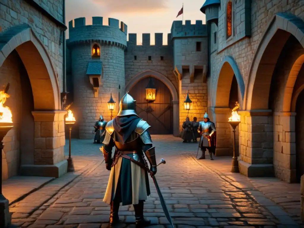 Un misterioso patio de castillo medieval al anochecer, con caballeros portando estandartes de dragones y una figura encapuchada