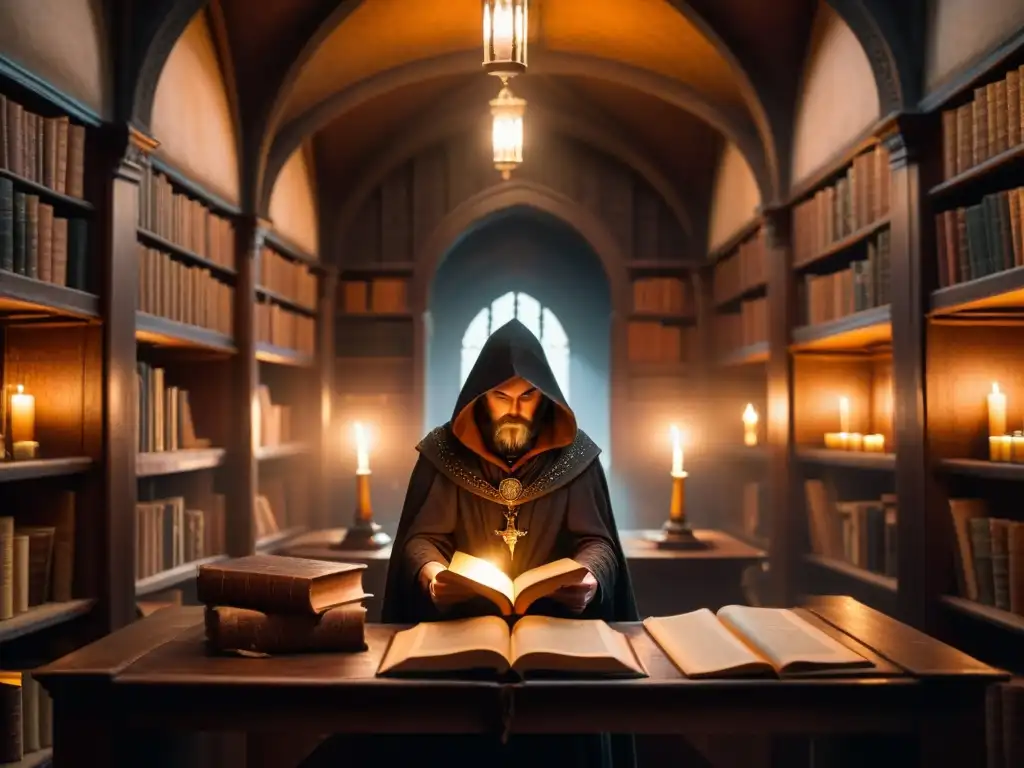 Un misterioso personaje lee un antiguo libro en una biblioteca medieval iluminada por velas