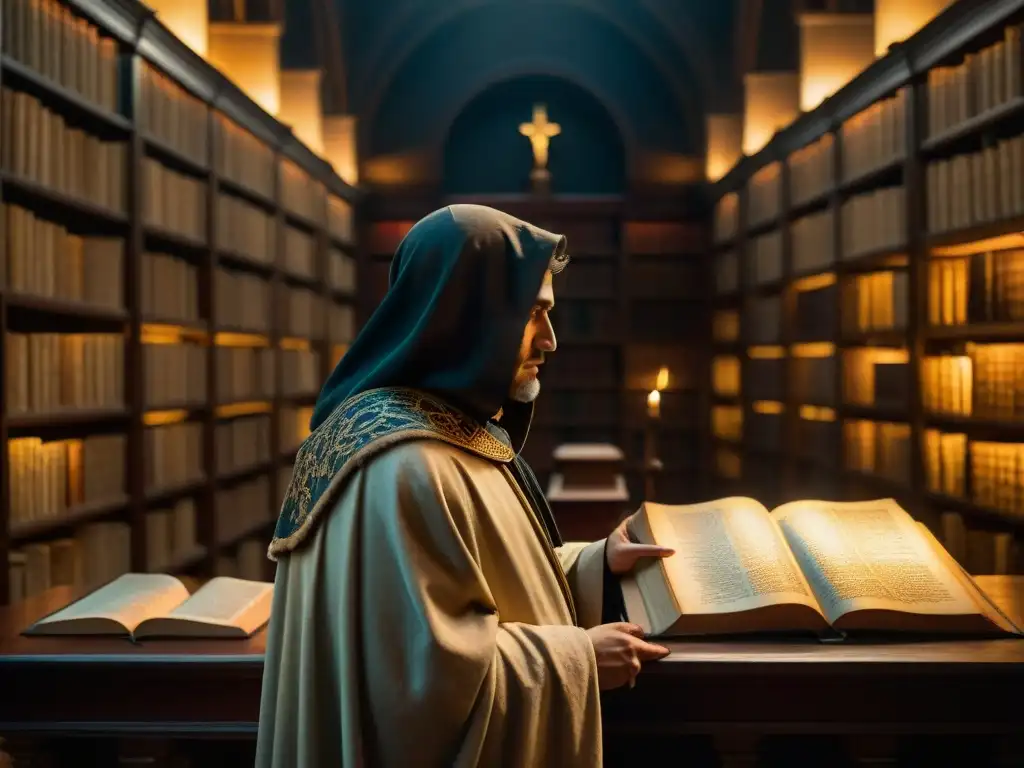 Un misterioso personaje examina un antiguo texto en una biblioteca llena de secretos, revelando la relación entre el Vaticano y sociedades secretas