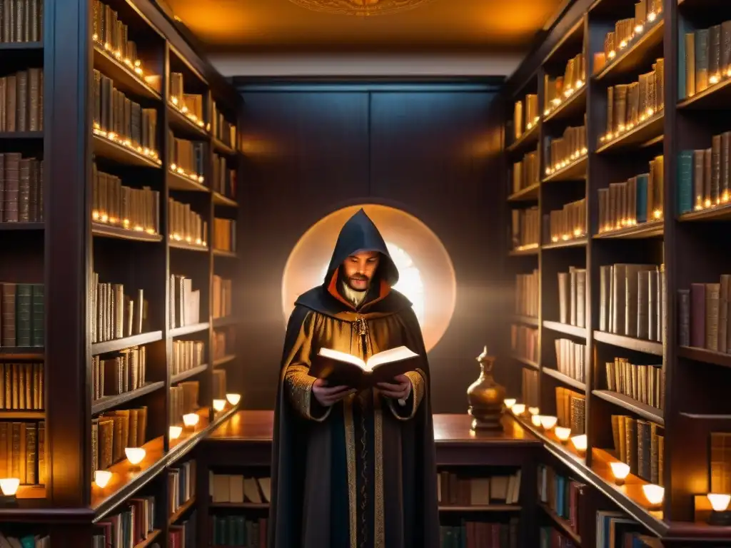 Un misterioso personaje en capa examina un antiguo libro en una biblioteca iluminada por lámparas antiguas, llena de secretos y símbolos