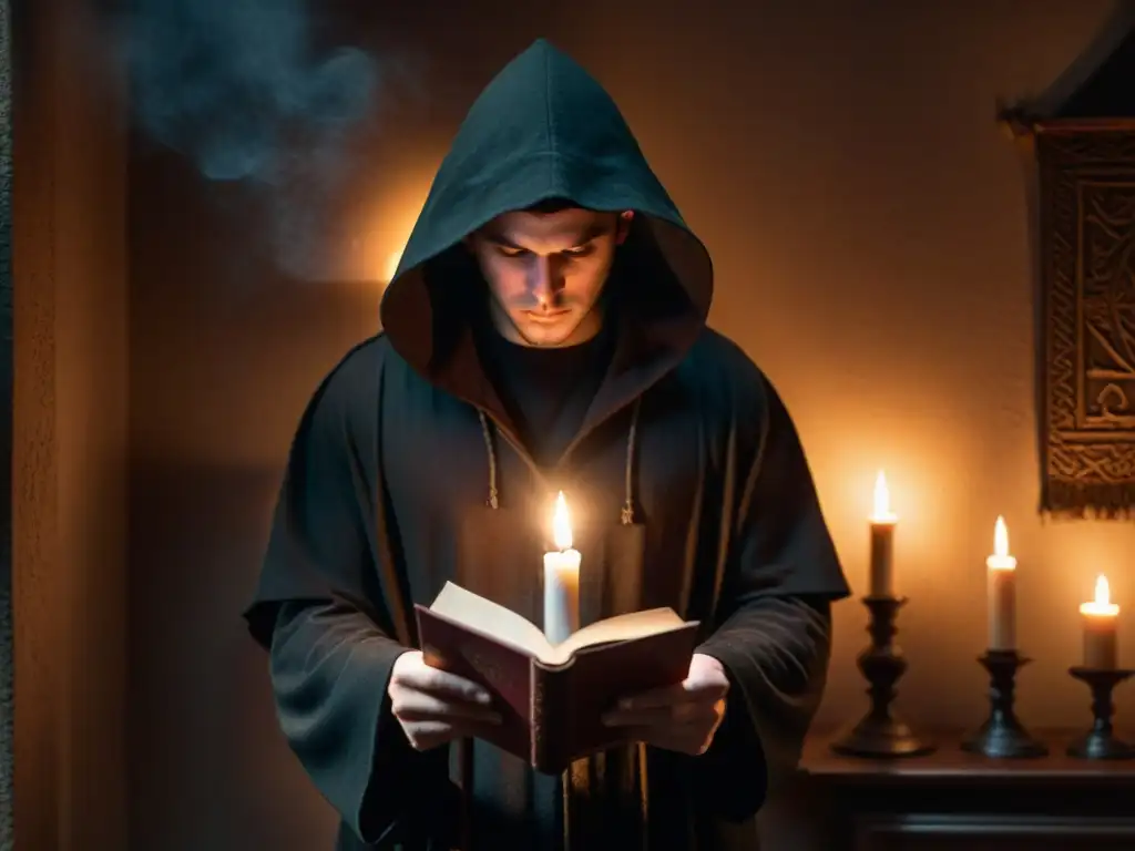 Un misterioso personaje encapuchado en una habitación iluminada por velas, sosteniendo un antiguo libro con símbolos en su portada