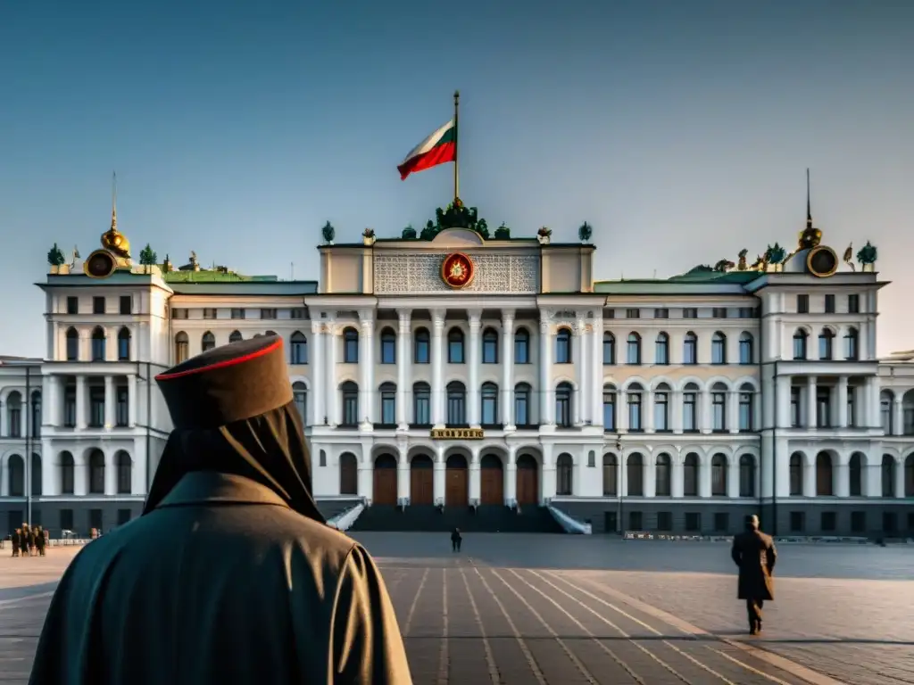 Un misterioso personaje se acerca al imponente edificio de la antigua sede del KGB en Moscú, rodeado de secretos y arquitectura intrigante