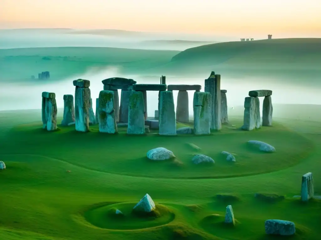 Un misterioso personaje entre las piedras de Stonehenge al anochecer, evocando secretos de las sociedades secretas