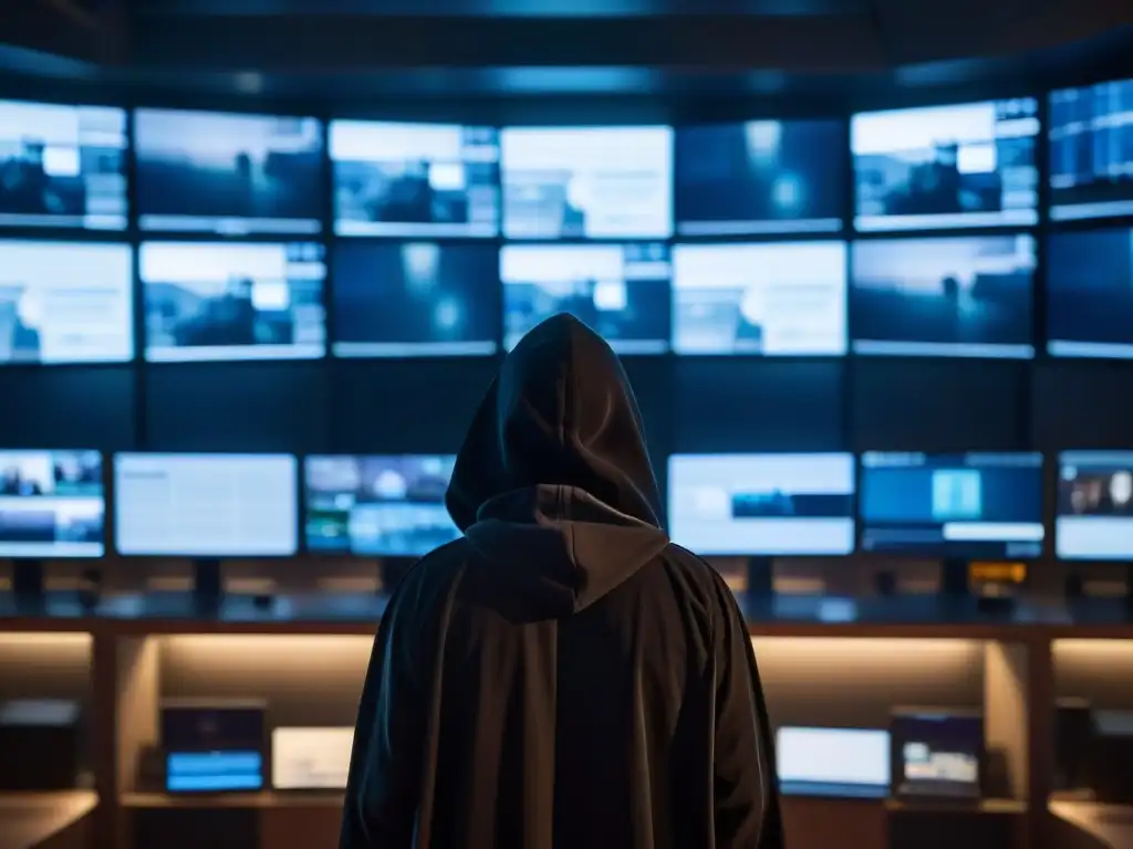 Un misterioso personaje rodeado de monitores de vigilancia en una habitación oscura