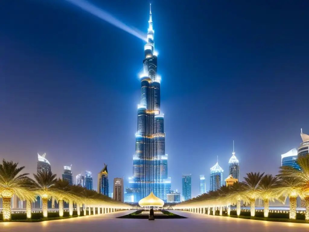 Un misterioso personaje en las sombras junto al Burj Khalifa iluminado por miles de luces, con símbolos en el suelo