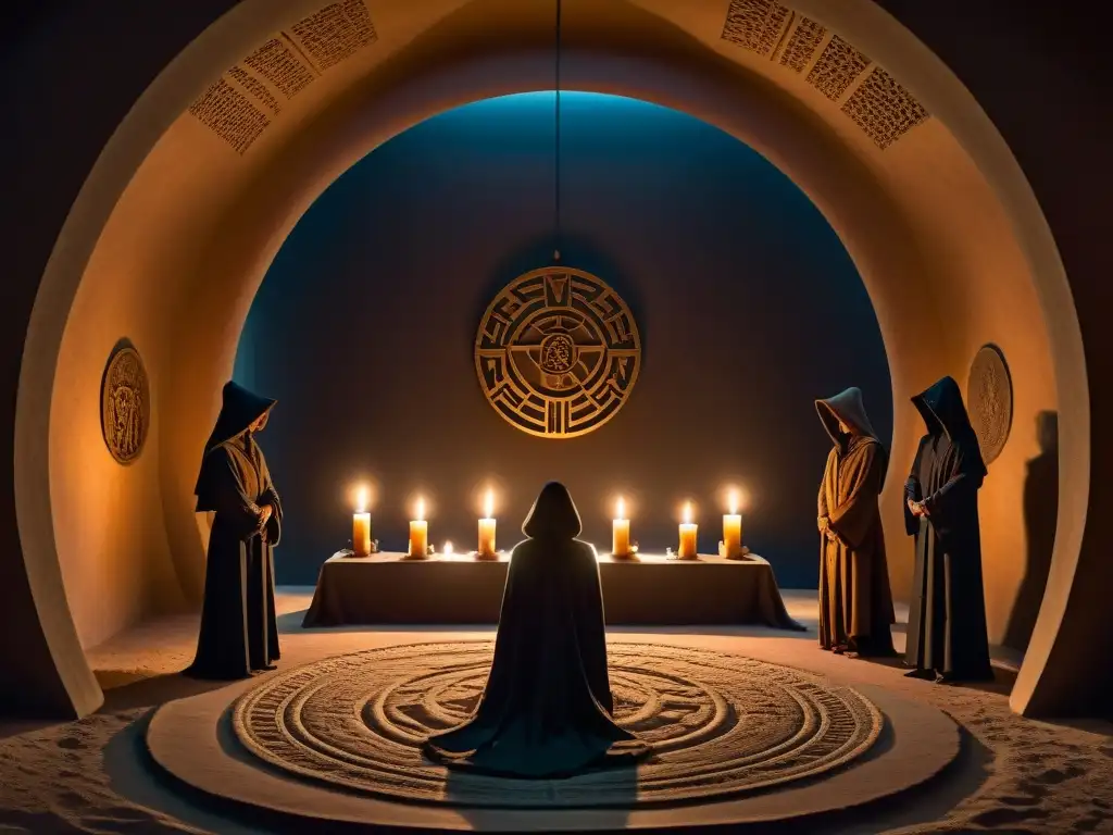 Un misterioso rito a la luz de las velas con figuras encapuchadas en círculo, rodeadas de símbolos antiguos