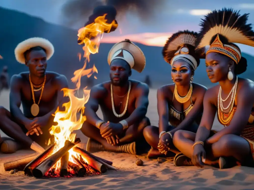 Un misterioso ritual africano alrededor de una fogata en la noche: Rituales sociedades secretas África