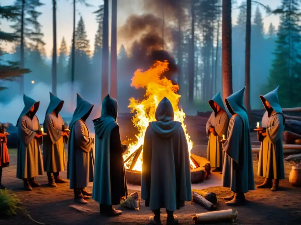 Un misterioso ritual en un antiguo bosque al anochecer