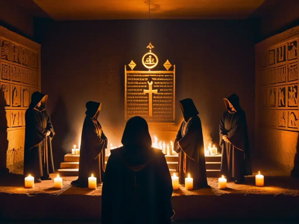 Un misterioso ritual en una cámara iluminada por velas, con figuras en sombras y un altar antiguo brillante