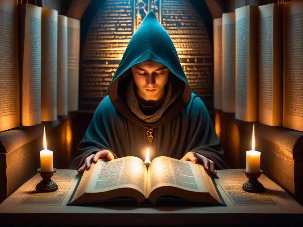 Un misterioso ritual en una cámara iluminada por velas, con un encapuchado estudiando un antiguo libro de símbolos