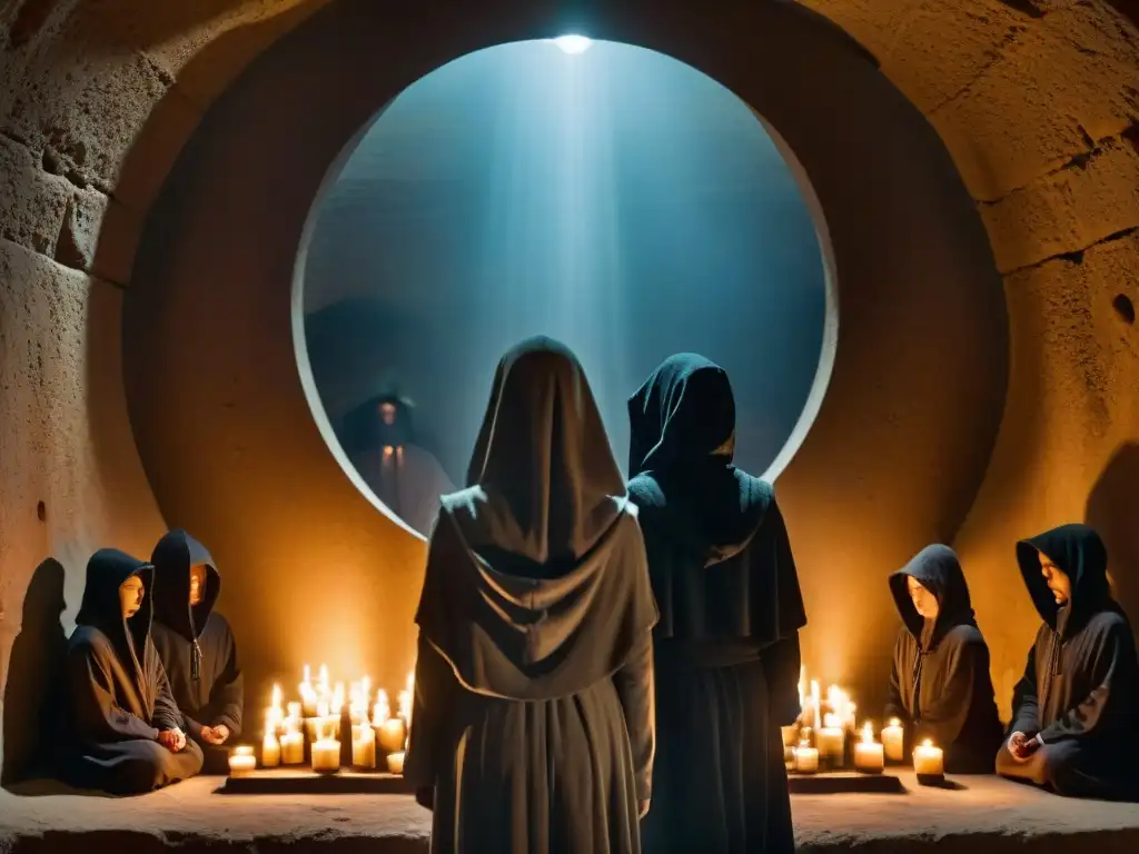 Un misterioso ritual en una cámara subterránea iluminada por velas, donde figuras encapuchadas rodean un espejo de obsidiana