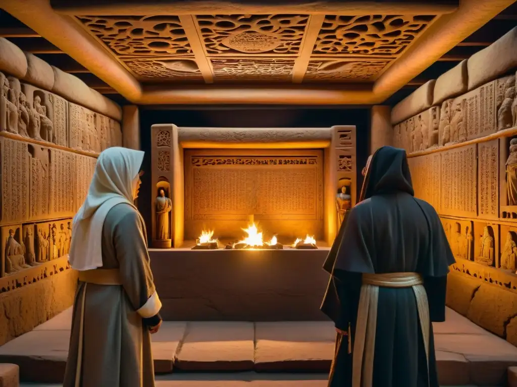 Sociedad secreta: ritual en cámara subterránea asiática Un misterioso ritual en una cámara subterránea iluminada por antorchas, lleno de sabiduría ancestral y sociedades secretas asiáticas