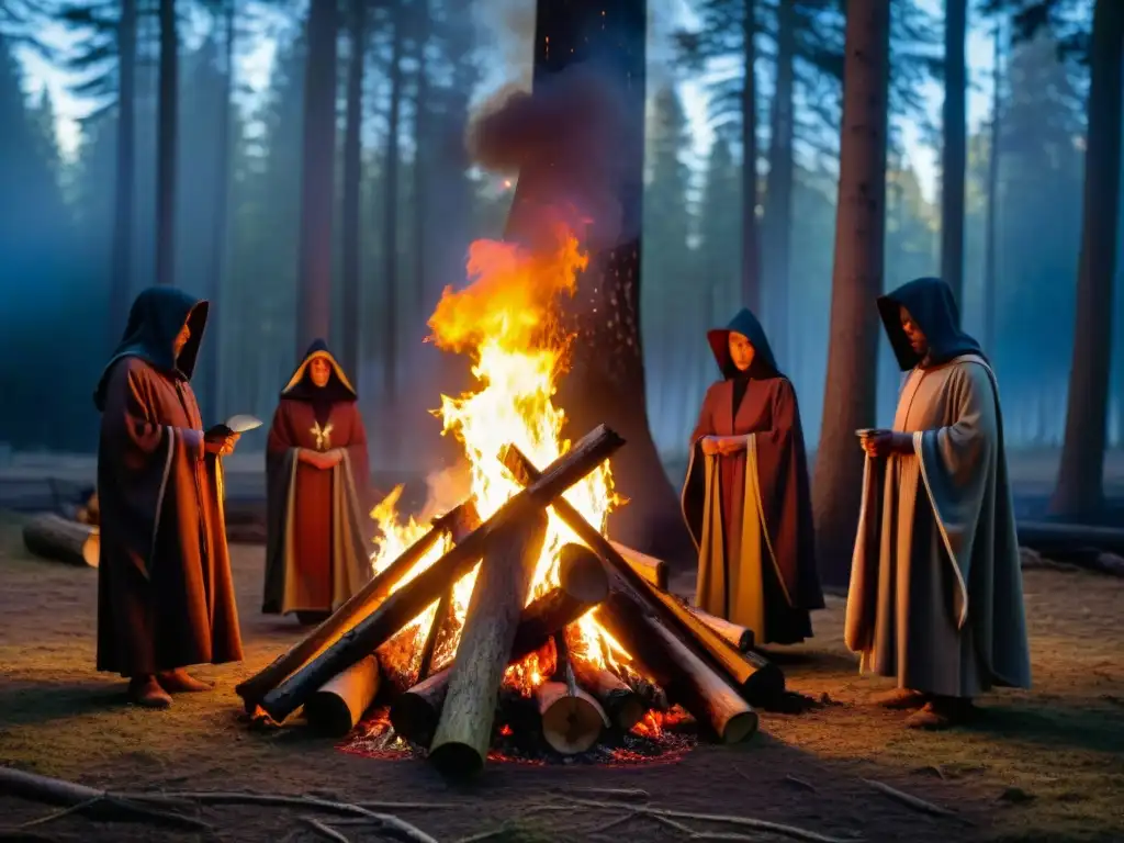 Misterioso ritual de empoderamiento en sociedades secretas alrededor de la fogata en el bosque