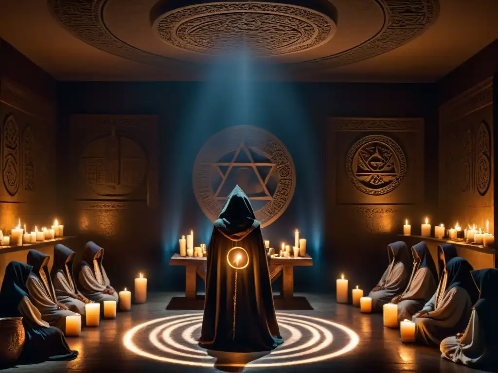 Un misterioso ritual en una habitación iluminada por velas, con símbolos antiguos y prácticas místicas de los Illuminati