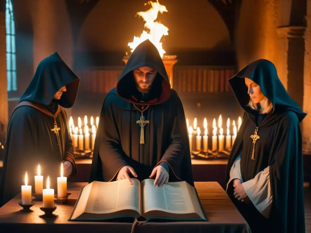 Misterioso ritual en habitación iluminada por velas, figuras encapuchadas rodean antiguo libro