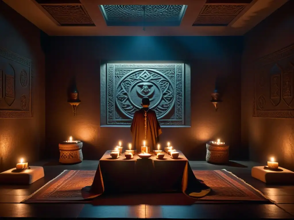 Ritual secreto con figuras sombrías: detallado en 8k Un misterioso ritual en una habitación sombría con figuras y símbolos antiguos, creando una atmósfera de secretos y sociedades de influencia