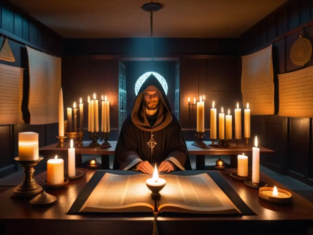 Misterioso ritual de los Illuminati en una habitación sombría Un misterioso ritual Illuminati en una habitación con mesa de madera antigua llena de manuscritos y artefactos