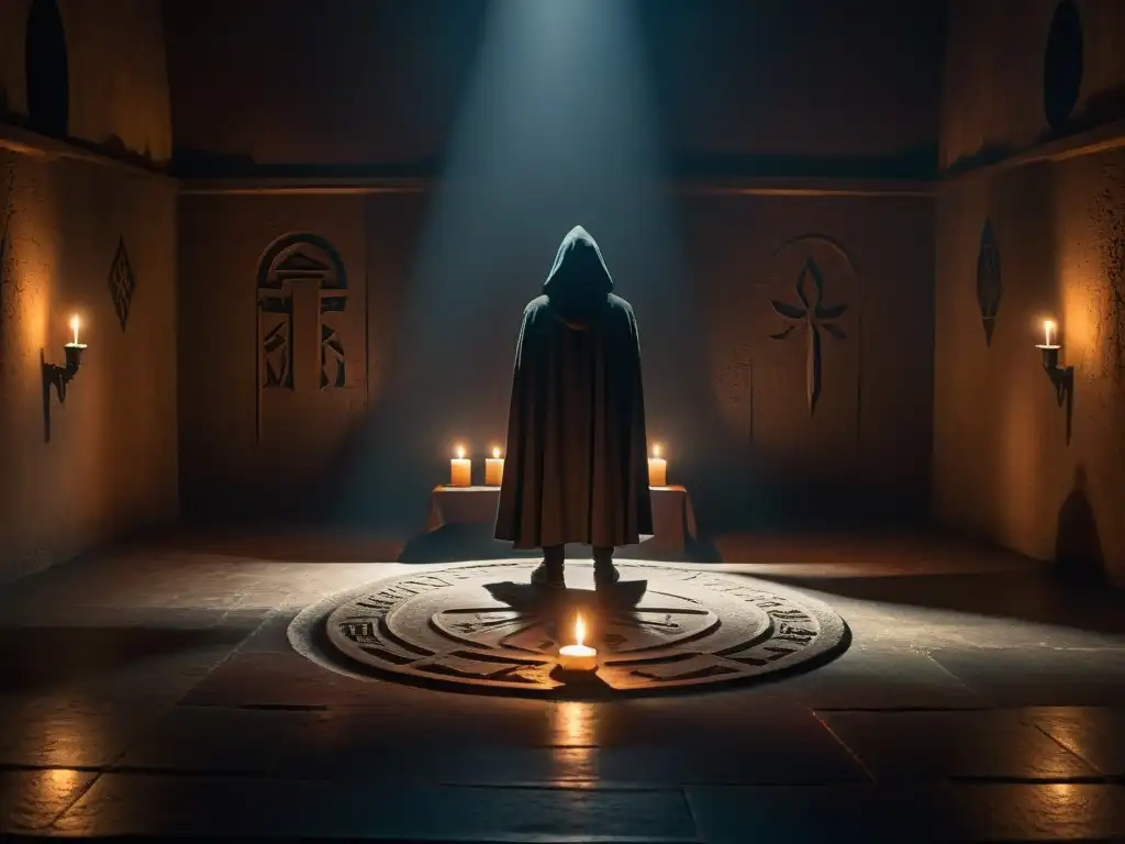 Misterioso ritual de la Orden Secreta en la penumbra Un misterioso ritual Illuminati en una habitación sombría con figuras encapuchadas alrededor de un símbolo en el suelo