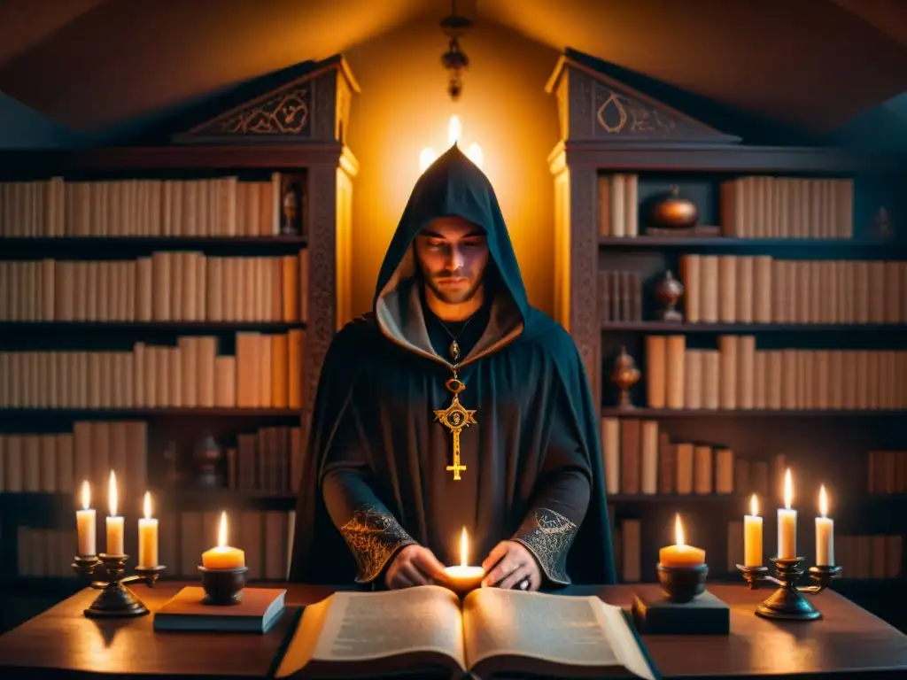Escena misteriosa de culto con figura sombría y libro antiguo Un misterioso ritual Illuminati en una habitación oscura llena de símbolos esotéricos y artefactos antiguos