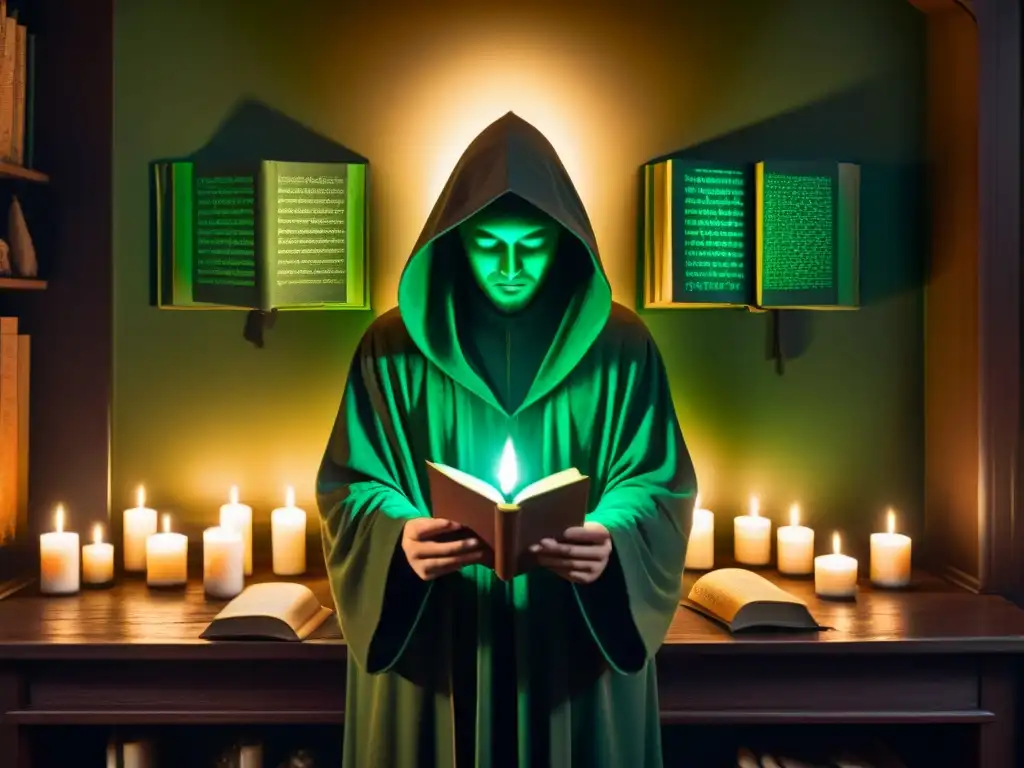 Misterioso ritual de la secta Illuminati Un misterioso ritual Illuminati en una habitación oscura con figuras encapuchadas y símbolos en un antiguo libro iluminado por luz verde