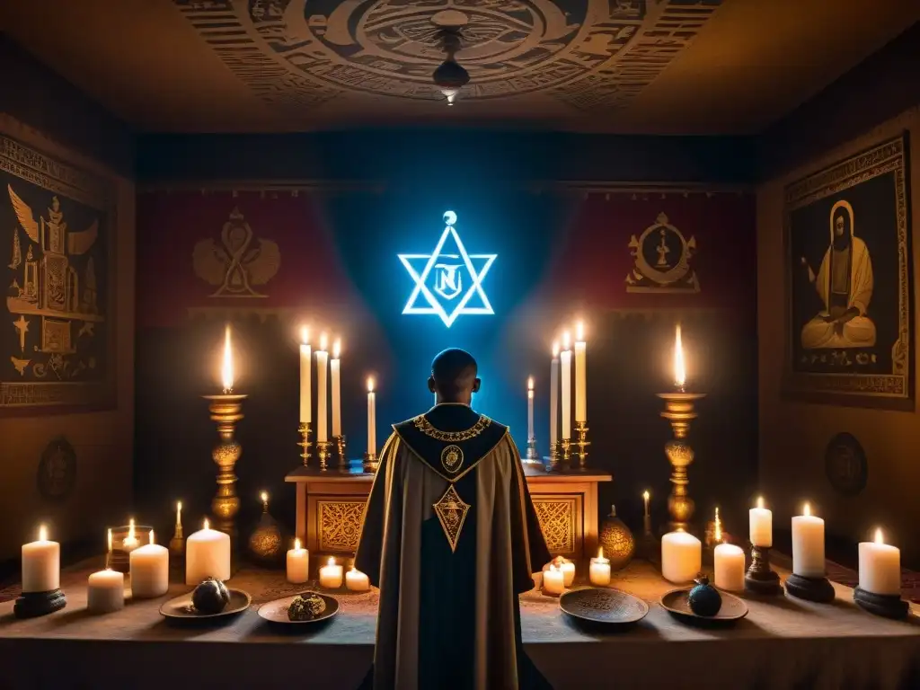 Un misterioso ritual de los Illuminati en una sala llena de símbolos y un altar con velas