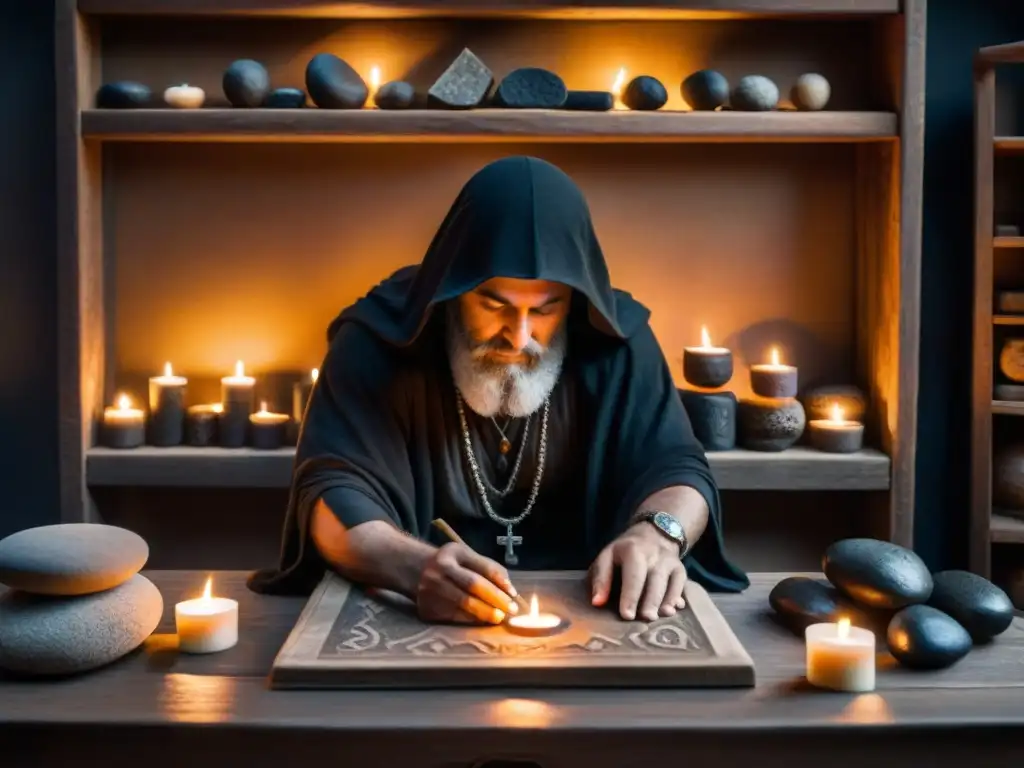 Un misterioso ritual de lectura de runas: mesa de madera antigua con piedras rúnicas, figuras en sombras