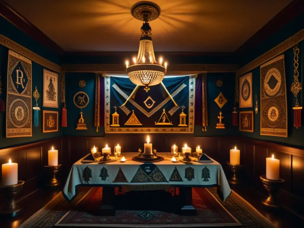 Un misterioso ritual en una logia masónica decorada, con figuras en túnicas y Tarot