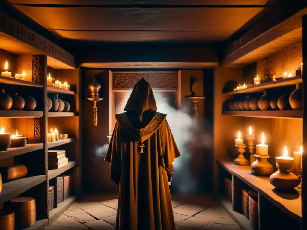 Un misterioso ritual de magia negra en una cámara subterránea iluminada por velas, con figuras encapuchadas en sombras