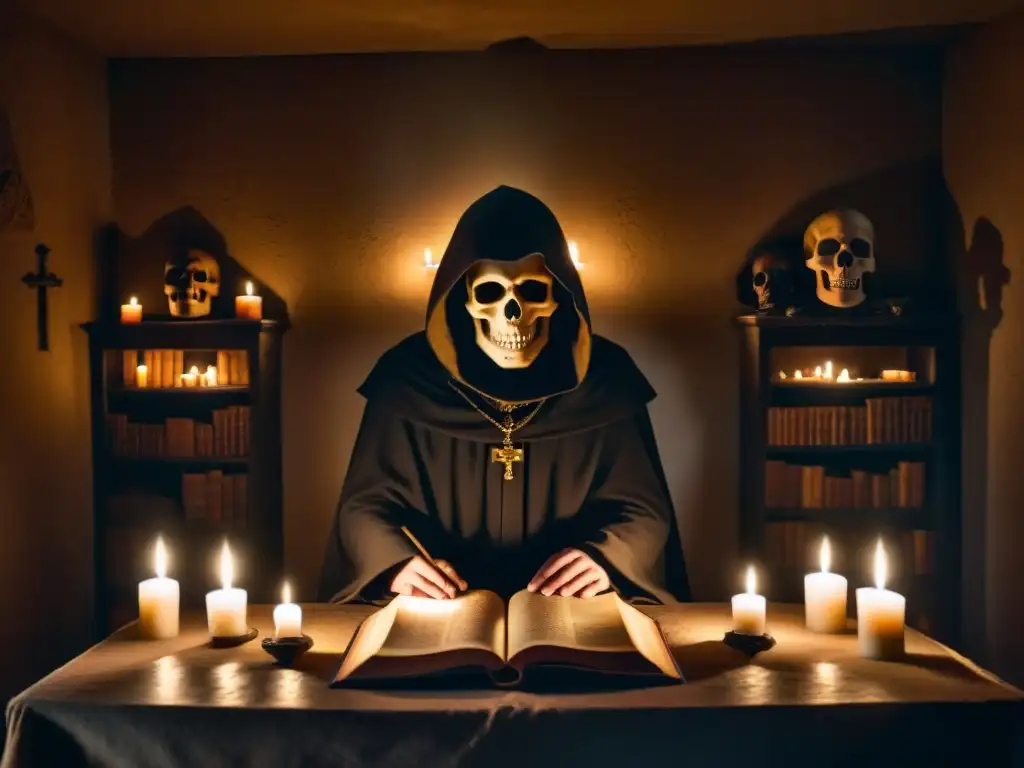 Un misterioso ritual de magia negra en una habitación sombría con velas titilantes y figuras enigmáticas