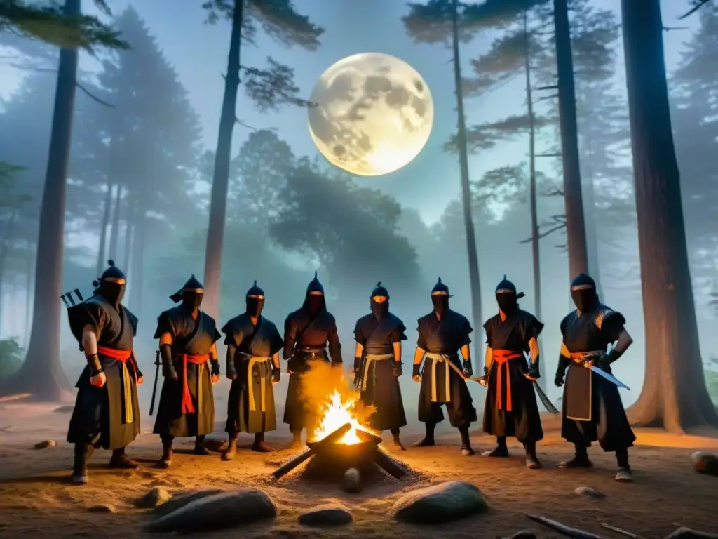 Conjuro de ninjas en el bosque Misterioso ritual de ninjas en el bosque con linternas brillantes bajo la luna llena