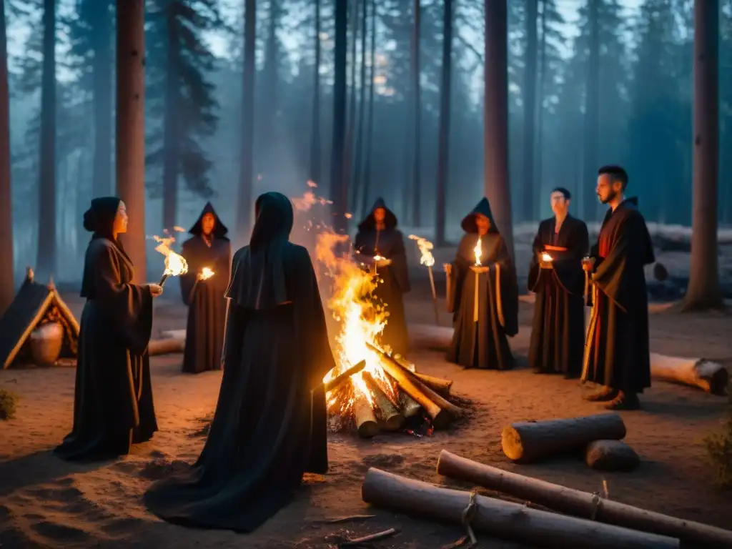 Un misterioso ritual nocturno en el bosque: figuras con túnicas oscuras alrededor de una hoguera, símbolos y sombras largas