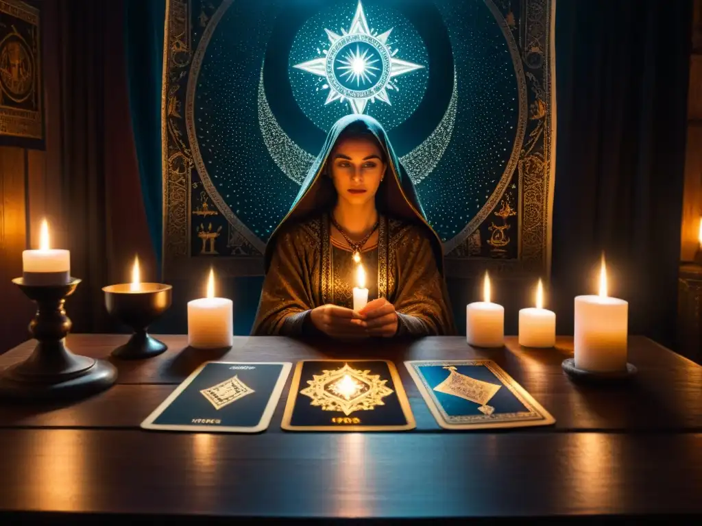 Un misterioso ritual en una sala iluminada por velas, con figuras en sombras y un mazo de Tarot