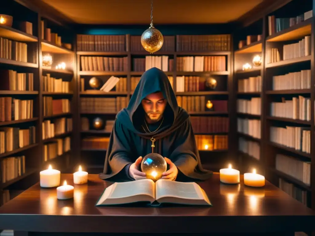 Un misterioso ritual de adivinación en una sala llena de libros antiguos sobre astrología y alquimia