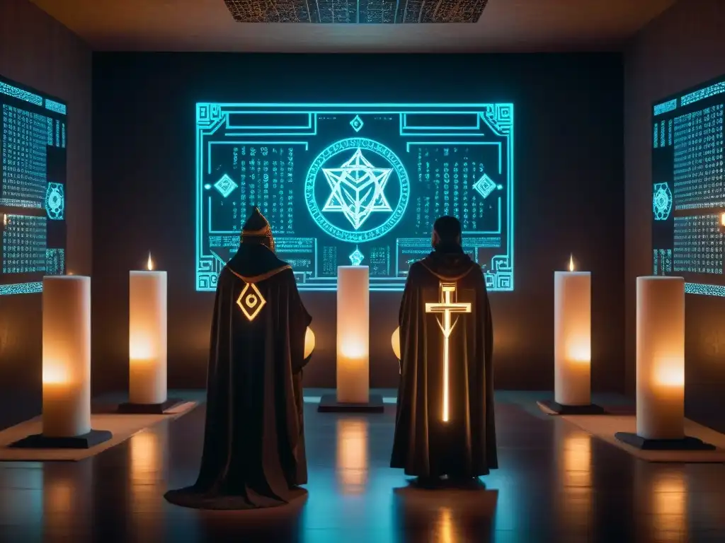 Misterioso ritual en sociedad secreta de blockchain, entre códigos y símbolos místicos