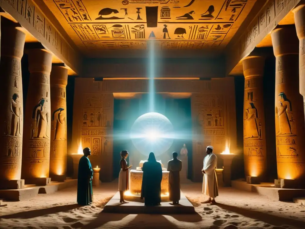 Misterioso ritual de sociedades secretas en Egipto alrededor de un orbe brillante en un templo egipcio antiguo