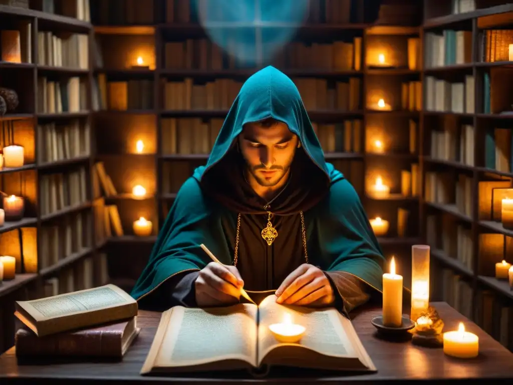 Un misterioso ritual de tarot en una habitación llena de libros antiguos iluminada por velas