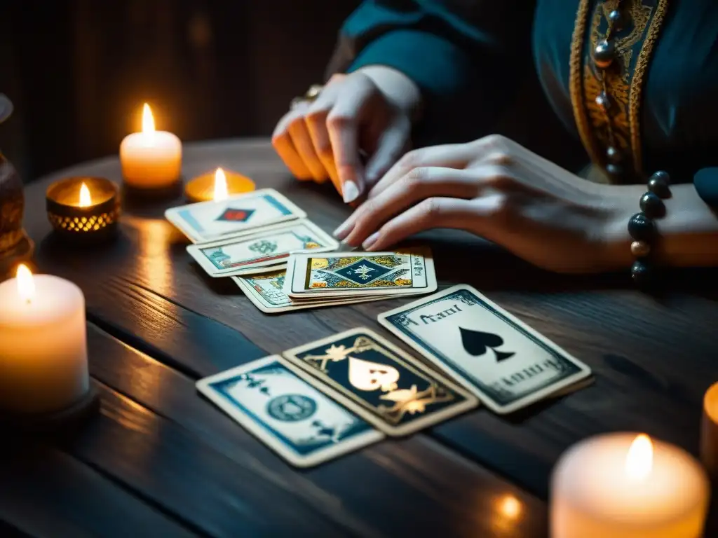 Un misterioso ritual de Tarot en un lugar oscuro, manos desgastadas barajando cartas