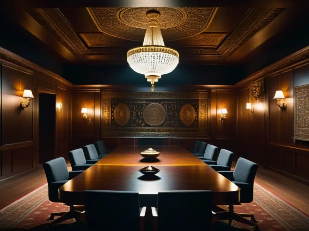 Salón de reuniones en penumbra: secretos y poder en acción Un misterioso salón decorado suntuosamente, con figuras en sombras conversando en torno a una gran mesa de madera