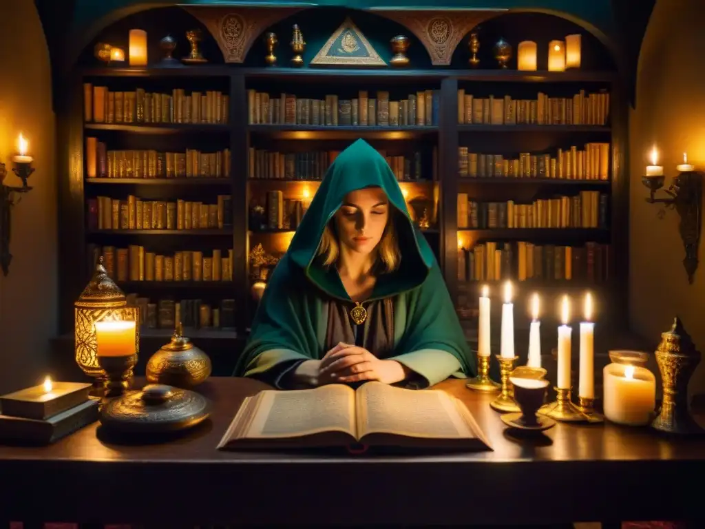 Un misterioso salón decorado con libros antiguos, velas y un personaje en capa con cartas de tarot