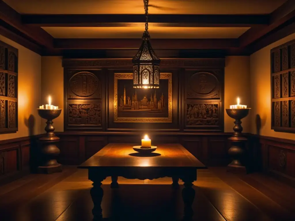 Misteriosa sala decorada con artefactos antiguos y figuras encapuchadas Un misterioso salón iluminado por velas con símbolos antiguos y figuras encapuchadas
