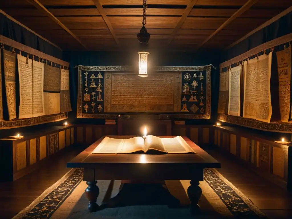 Misteriosa reunión en cámara de antiguos secretos y símbolos Un misterioso salón iluminado por velas, lleno de escritos antiguos y figuras encapuchadas discutiendo