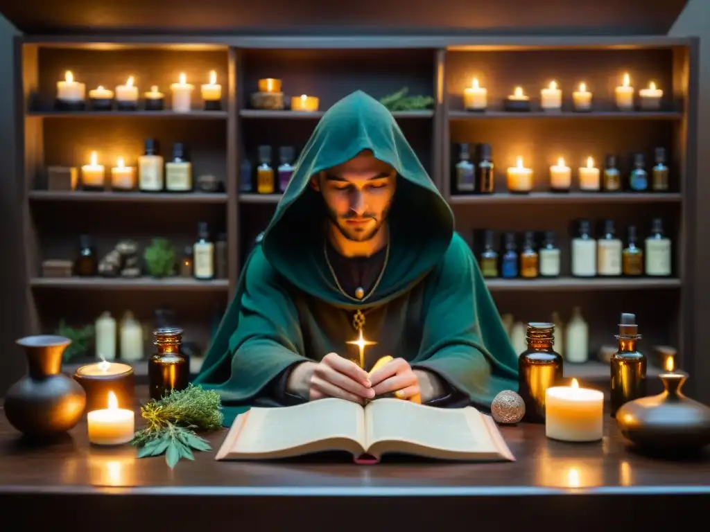 Un misterioso salón iluminado por velas con libros antiguos sobre alquimia y astrología, esencias y figuras en capuchas