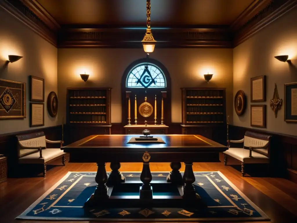 Misterioso salón masónico: secretos ancestrales y símbolos enigmáticos Un misterioso salón masónico decorado con herramientas y regalía, iluminado por velas y un gran ojo simbólico