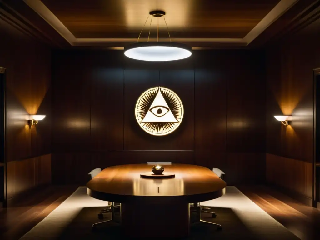 Un misterioso salón de reuniones iluminado por velas, donde figuras sombrías rodean una mesa con un símbolo de los Illuminati