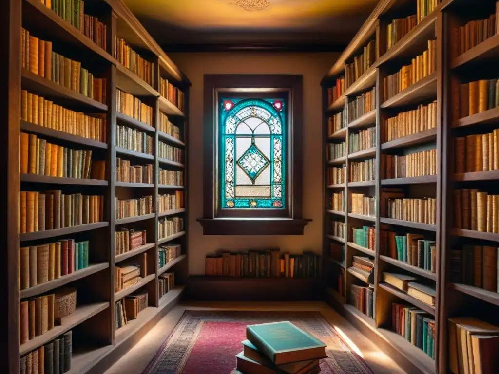 Un misterioso santuario de antiguos libros en una habitación iluminada por luz filtrada de una ventana de vidrio