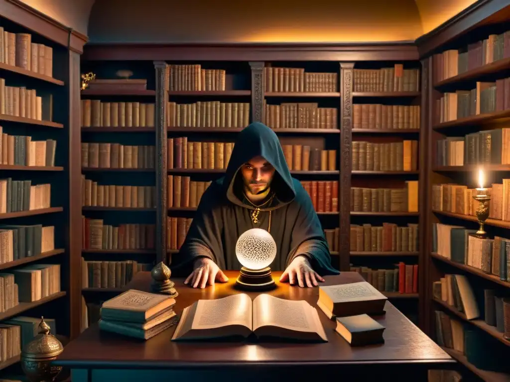 Un misterioso santuario de conocimiento antiguo en una biblioteca oscura repleta de tomos polvorientos y artefactos enigmáticos