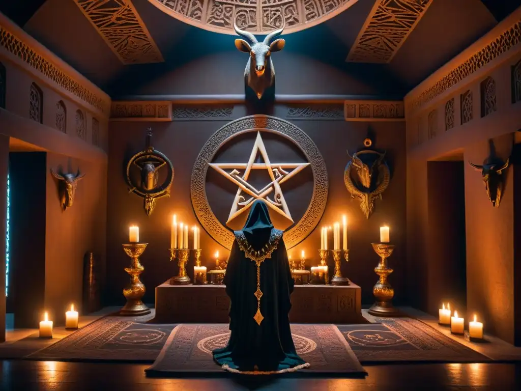 En un misterioso santuario iluminado por velas, una figura encapuchada frente a un altar con la estatua de Baphomet