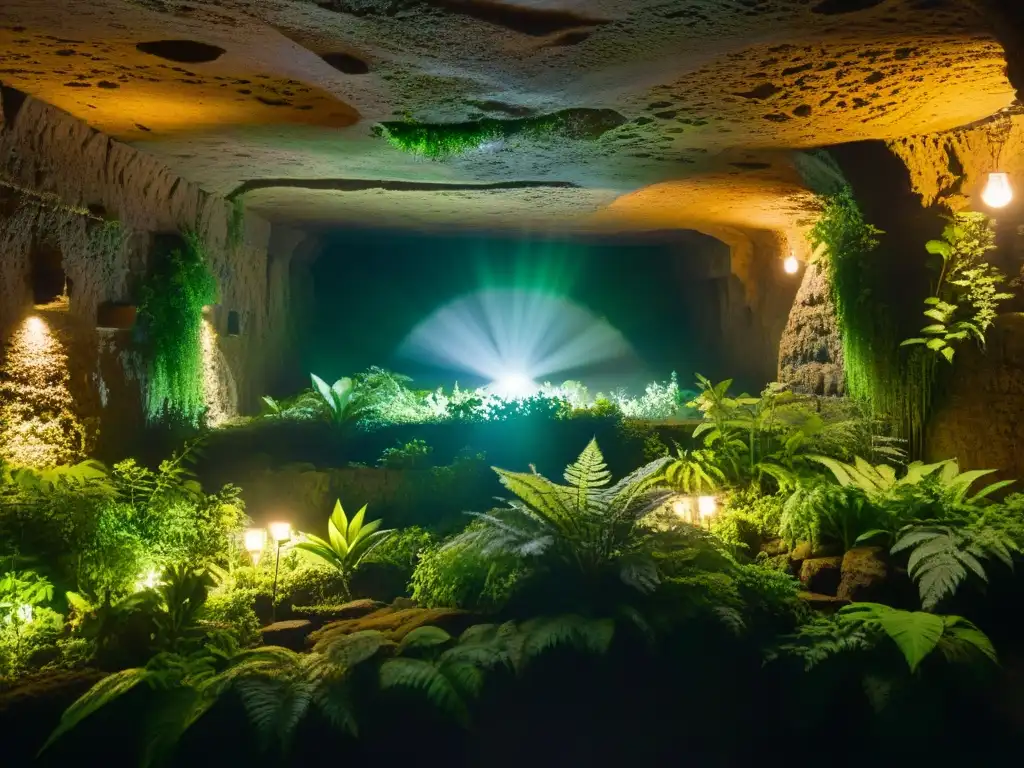 Un misterioso santuario subterráneo con exuberantes plantas iluminadas por una luz filtrada